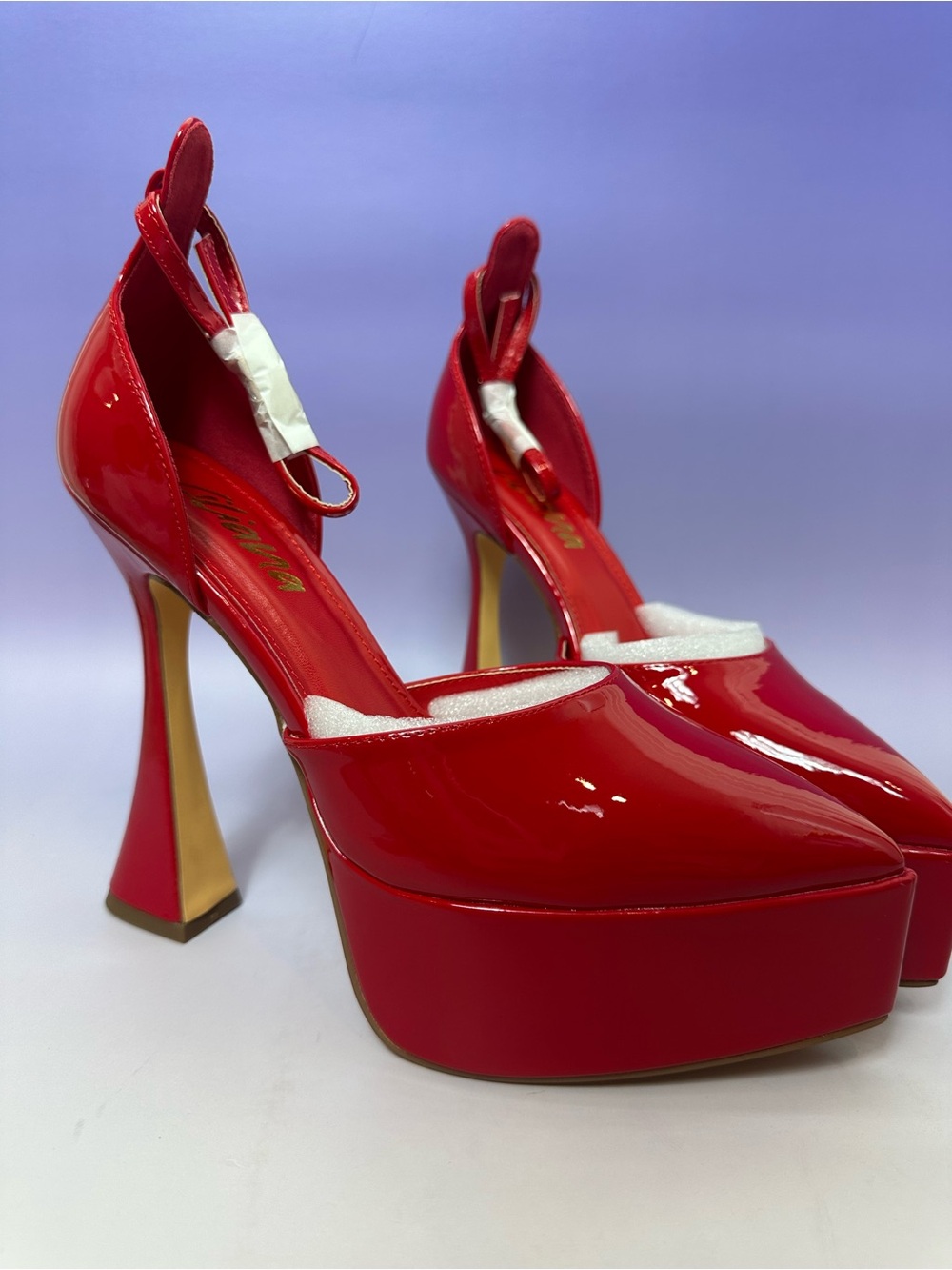 Liliana Red Patent Platform Heels with Gold Accent Flared Heel